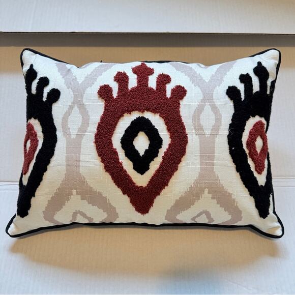 Cream Red Black Ikat Embroidered Throw Pillow Boho Home Decor 13x19 - Picture 2 of 9